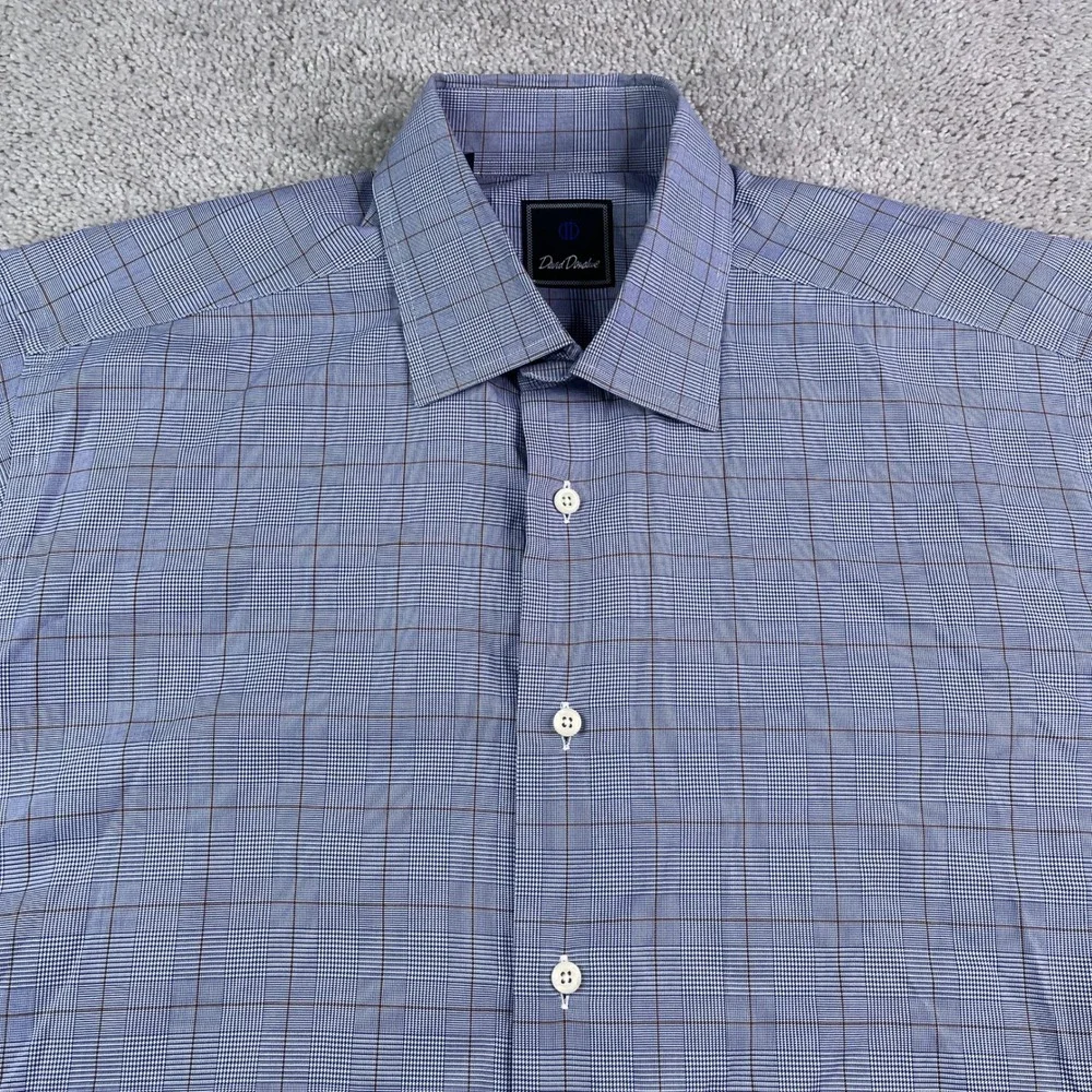 David Donahue Shirt Mens 16.5 34‎ Blue Glen Plaid Cotton Button Up Business